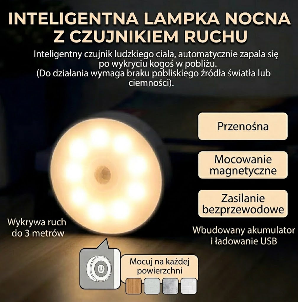 Inteligentna Lampka Nocna LED z Czujnikiem Ruchu